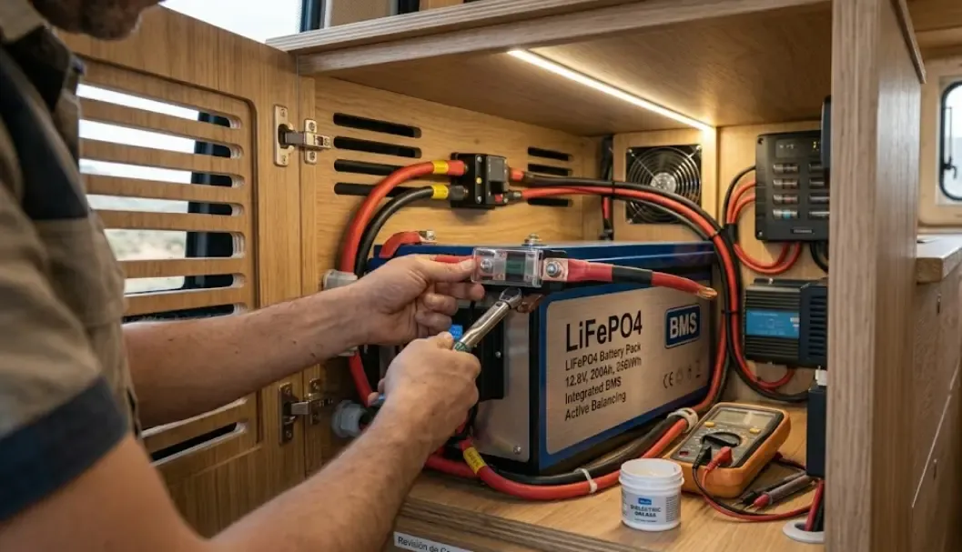 Revisión de bornes y conexiones en instalación solar camper