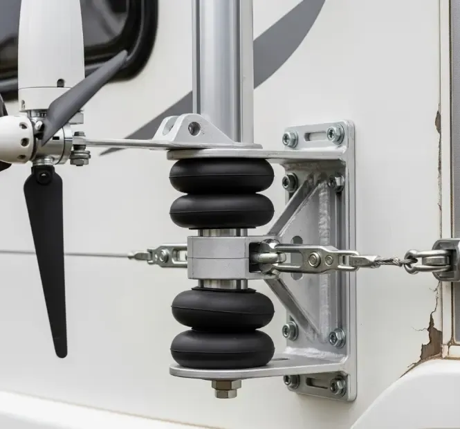 Detalle del anclaje de un mástil de aluminio con amortiguadores de goma y tensores sujetando un aerogenerador portátil en la parte trasera de una autocaravana