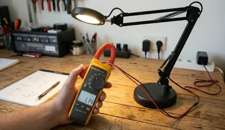 Medición del consumo eléctrico con pinza amperimétrica en un flexo LED 12V dentro de una furgoneta