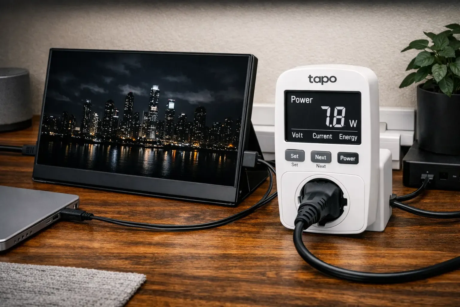 Vatímetro conectado midiendo consumo real de monitor USB-C portátil