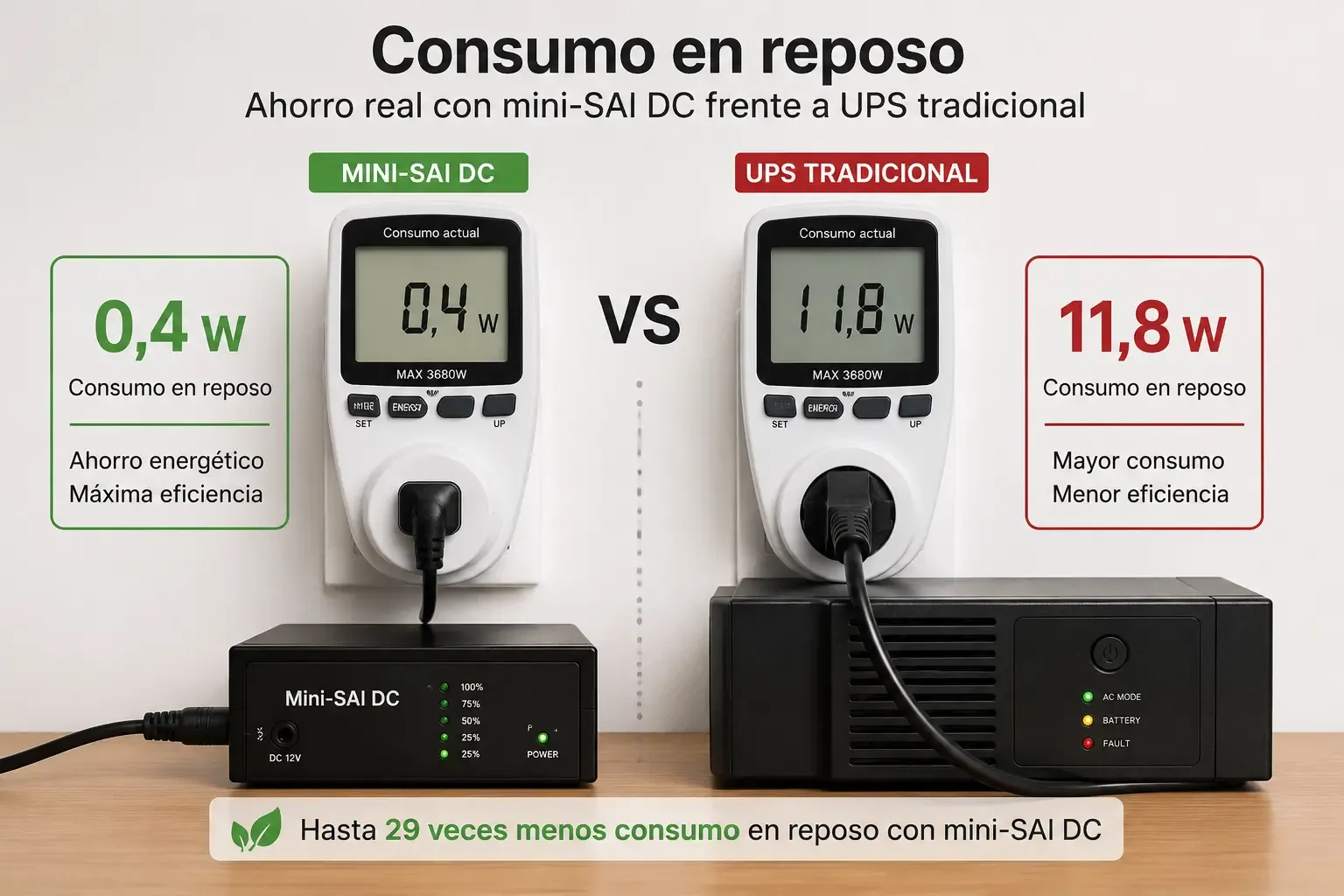 Medidor mostrando 0,4 W de consumo del mini-SAI DC en reposo, frente a los 11,8 W del UPS tradicional.