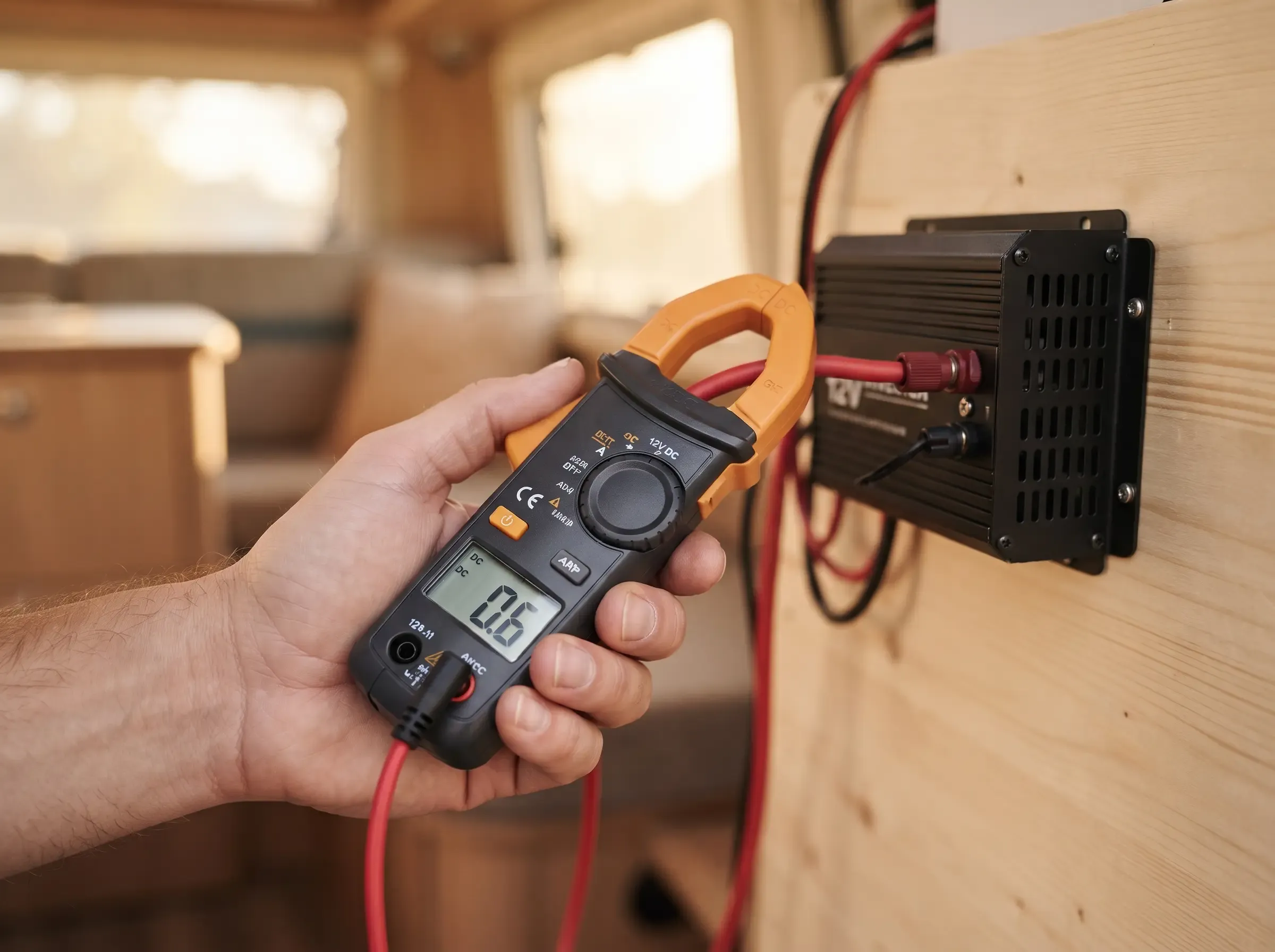 Medición del consumo en vacío de un inversor con pinza amperimétrica DC en una furgoneta camper