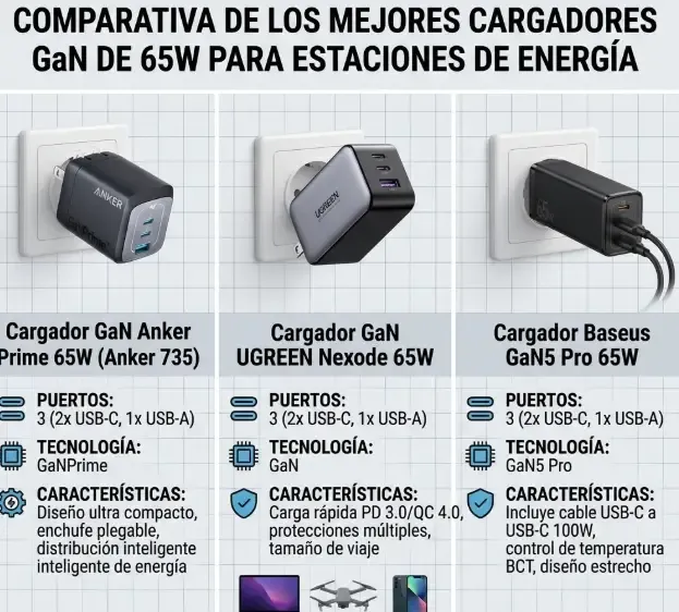 Comparativa de los mejores cargadores GaN de 65W para estaciones de energía: Anker Prime, UGREEN Nexode y Baseus GaN5