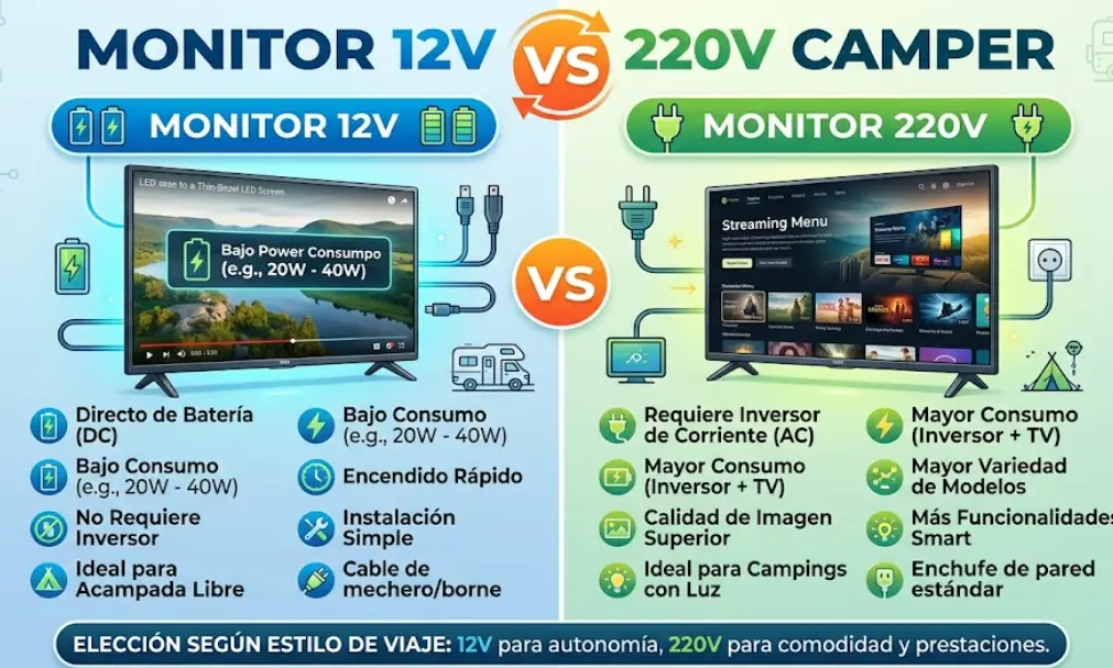 Monitor 12V directo vs Transformador 220V en Camper: Consumo REAL y Mod Paso a Paso