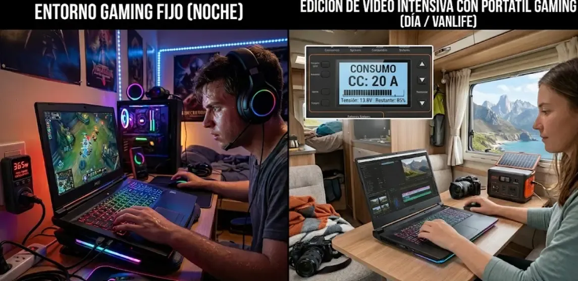 Monitor de batería mostrando un consumo de 20 Amperios mientras un portátil gaming edita vídeo.