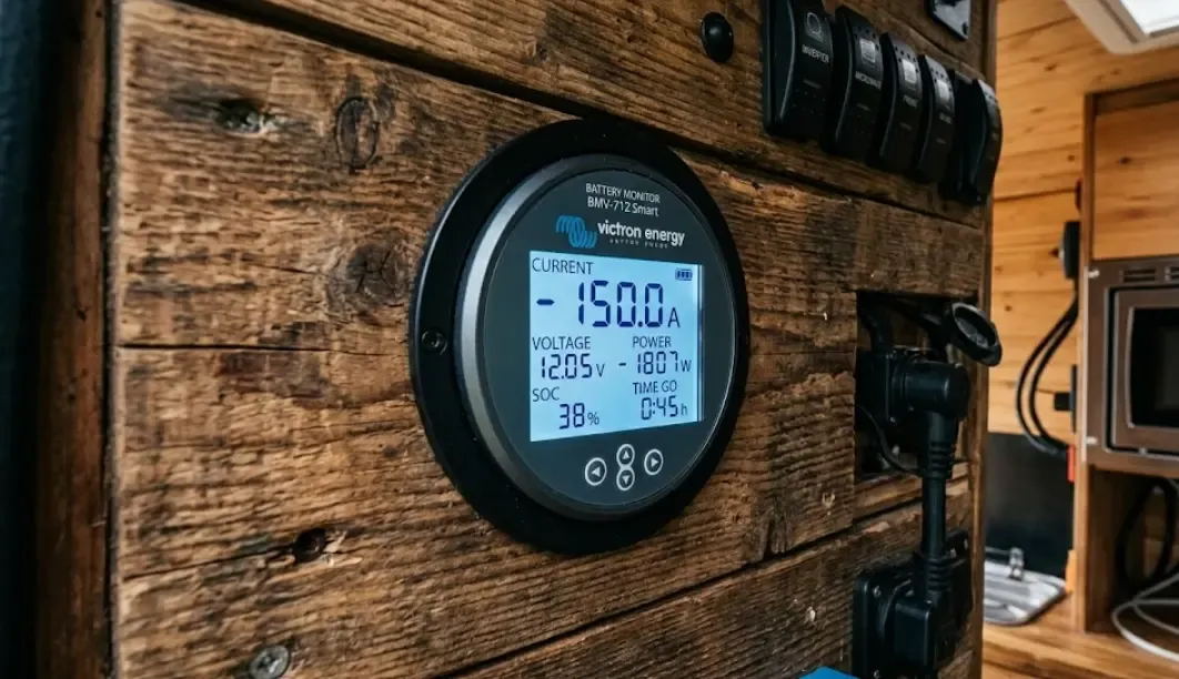 Pantalla de un monitor de baterías Victron instalada en una pared de madera, mostrando una descarga profunda de 150 amperios mientras se usa un electrodoméstico