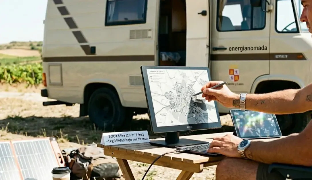 Monitor E-ink BOOX Mira siendo usado al sol junto a la furgoneta camper