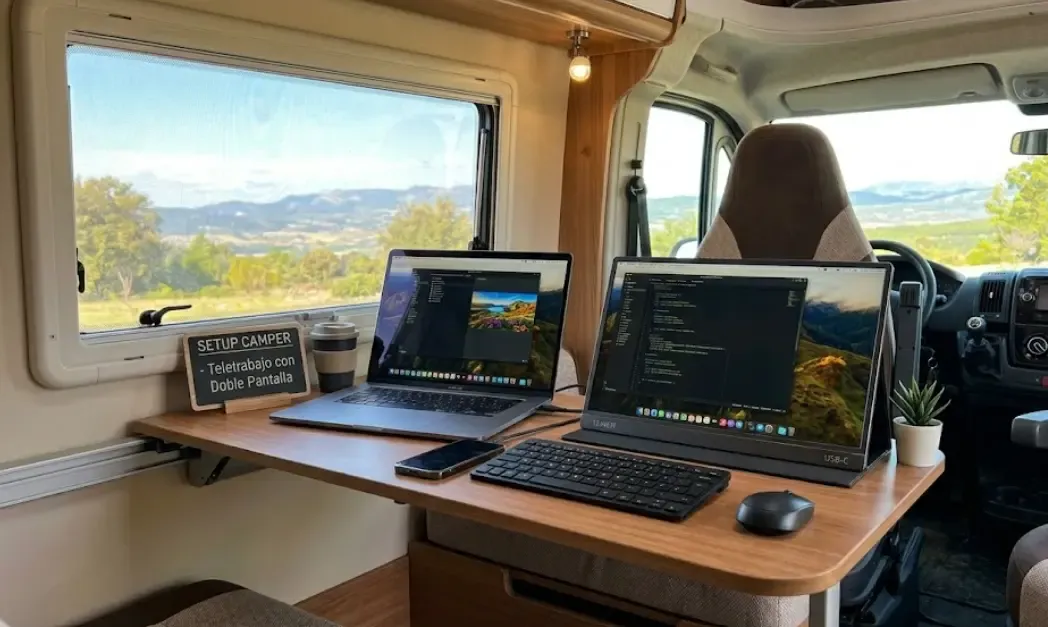 monitor portátil USB-C 15 pulgadas conectado a MacBook en mesa camper setup teletrabajo