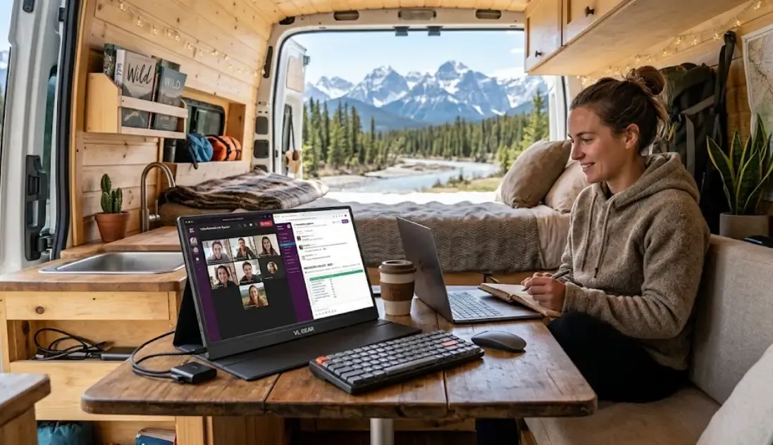 Monitor portátil USB-C de 15.6 pulgadas para trabajo remoto en van life