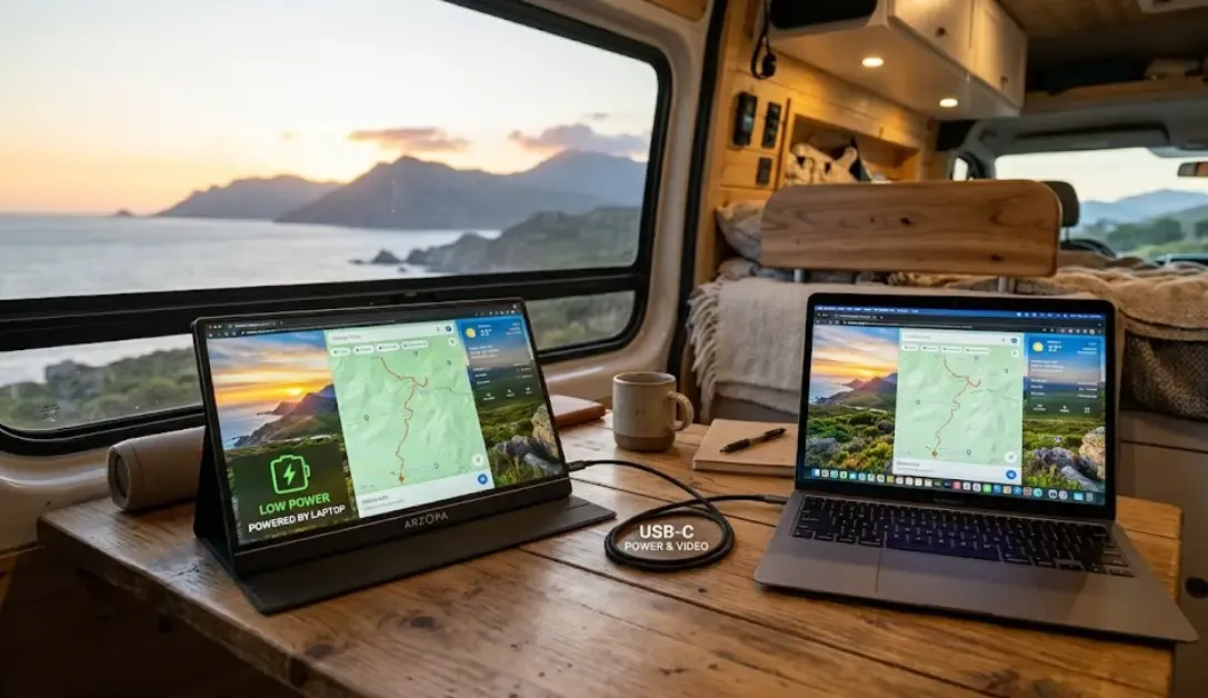 Monitor portátil USB-C bajo consumo para camper