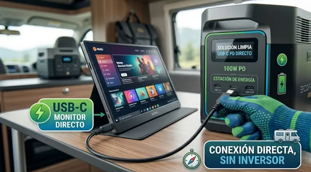 Monitor portátil USB-C conectado a estación de energía EcoFlow sin inversor
