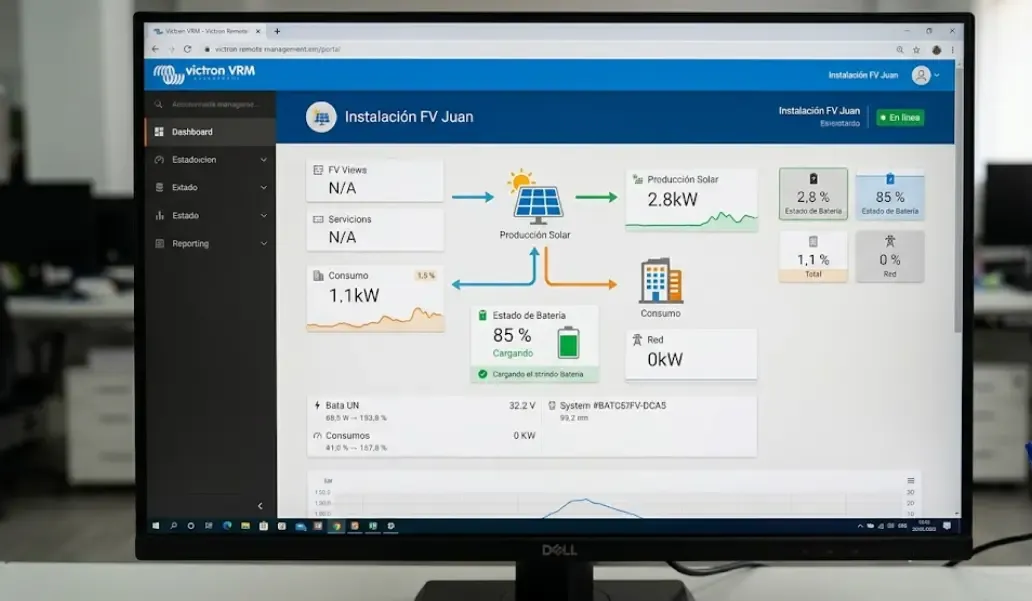 Captura del portal VRM de Victron mostrando datos de producción solar, consumo y estado de batería en tiempo real