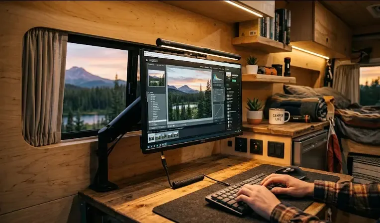Montaje de una ScreenBar en monitor dentro de una furgoneta camper, con luz cálida iluminando el teclado y la mesa de trabajo
