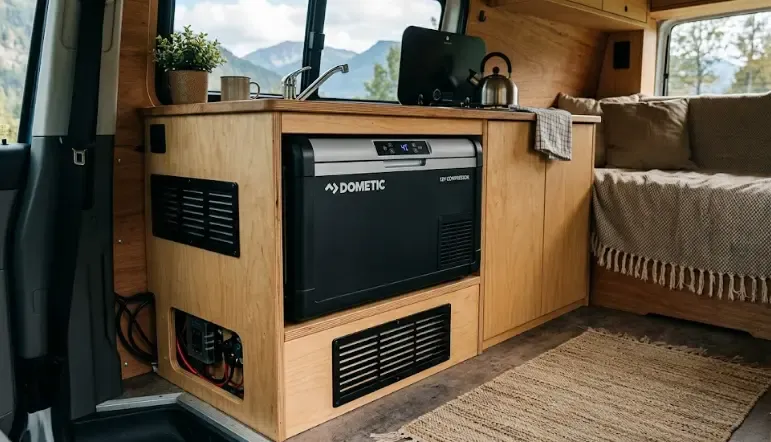 Interior de una furgoneta camper con una nevera de compresor 12V instalada bajo la cama, con espacio de ventilación visible y cableado ordenado hacia la batería auxiliar