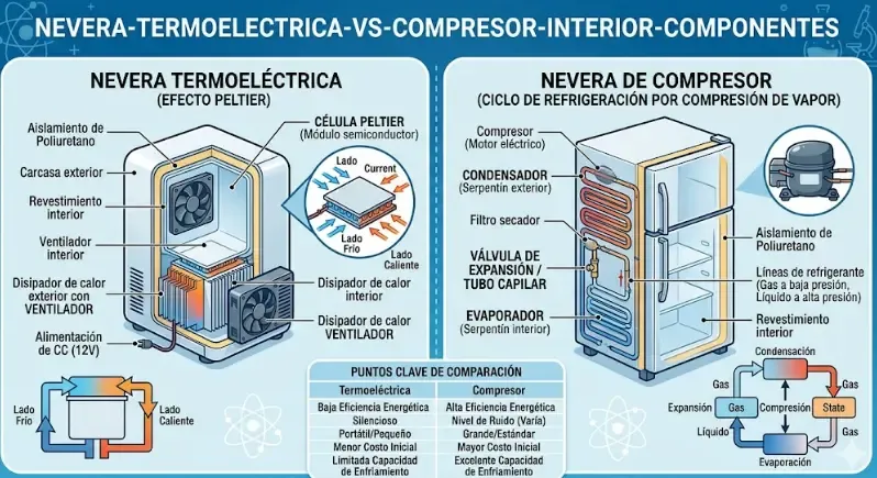 Nevera termoeléctrica 12V abierta mostrando el chip Peltier y el ventilador interior, junto a una nevera de compresor con su motor y pantalla digital