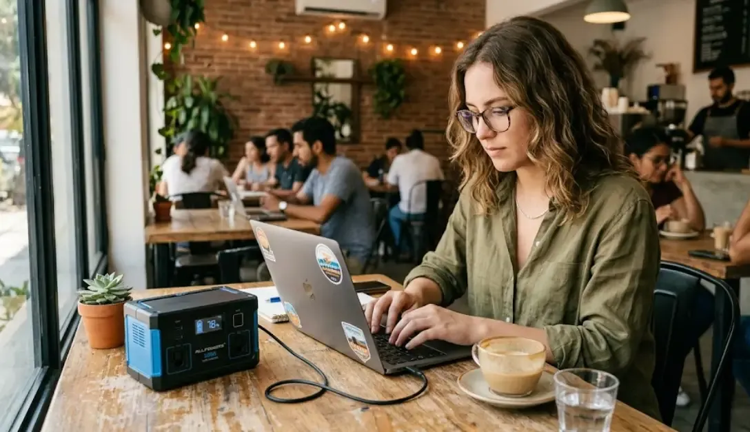 Nómada digital trabajando en una cafetería con su portátil conectado a una pequeña batería extraíble Allpowers S300 sobre la mesa