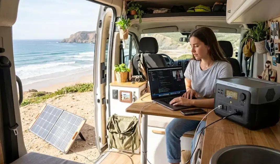Nómada digital trabajando con portátil en furgoneta camper, con estación de energía portátil y panel solar