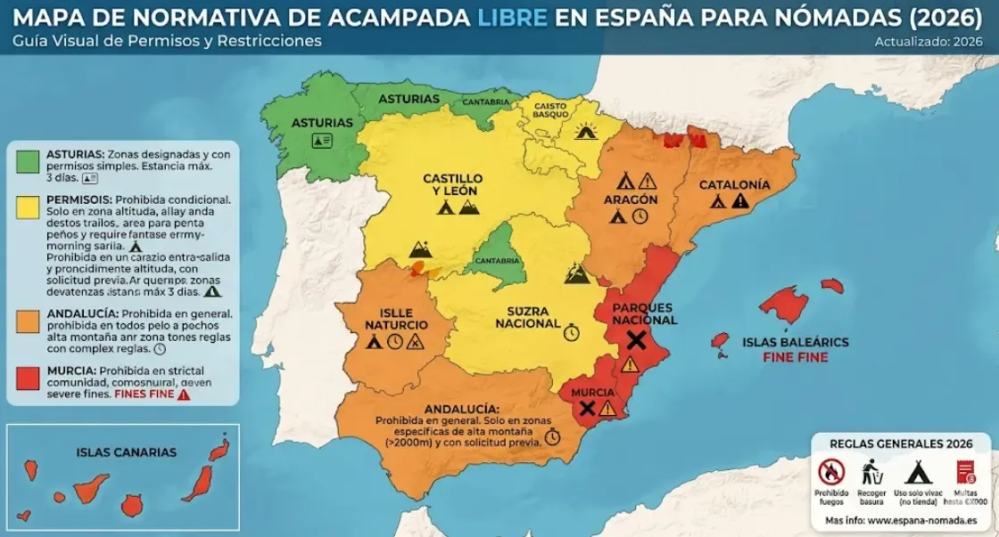 Mapa de normativa de acampada libre en España para nómadas 2026