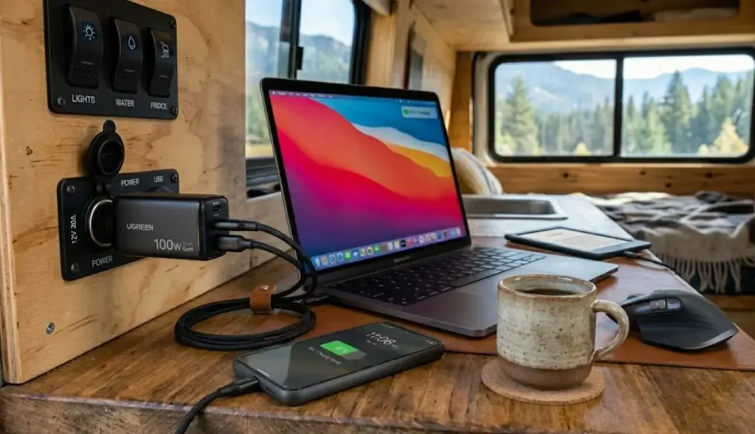 Escritorio nómada en una camper con un solo cargador GaN alimentando tres dispositivos, dejando espacio libre para el café y el ratón.