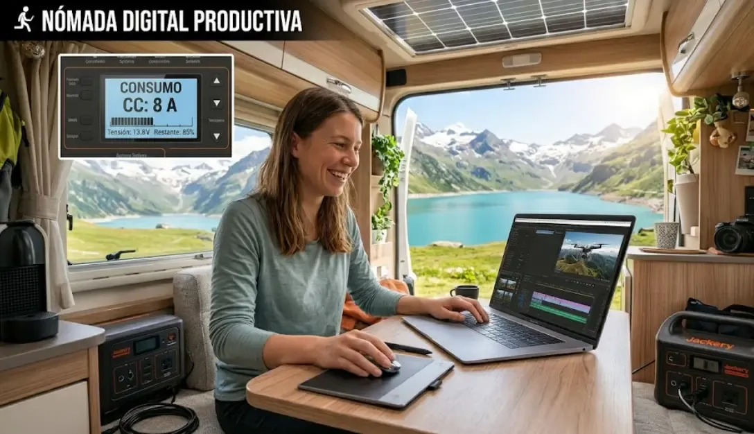 Nómada digital editando vídeo feliz en un entorno de naturaleza con un portátil fino y eficiente.