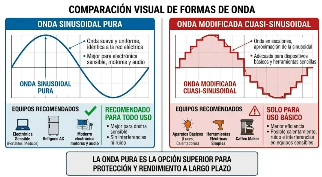 Comparación visual entre forma de onda sinusoidal pura y onda modificada cuasi-sinusoidal