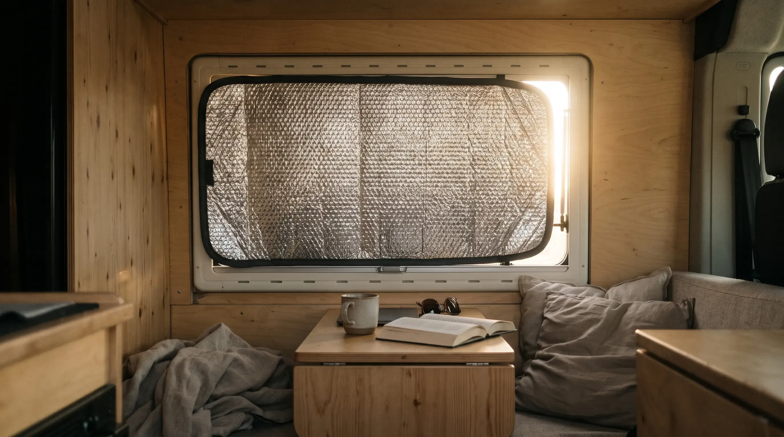 Oscurecedores térmicos reflectantes colocados en las ventanas de una camper al sol