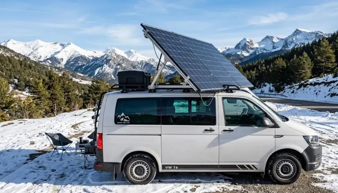 Panel solar plegable correctamente inclinado sobre furgoneta camper para maximizar la producción en invierno