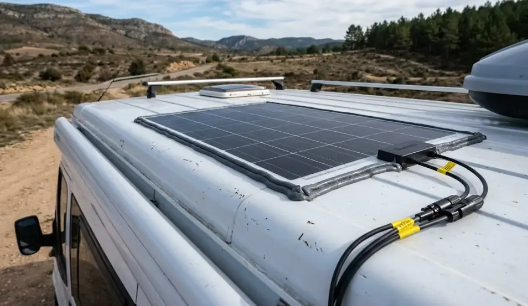 Panel solar flexible pegado con sikaflex en techo de furgoneta