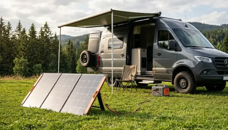 Panel solar portátil en uso camper