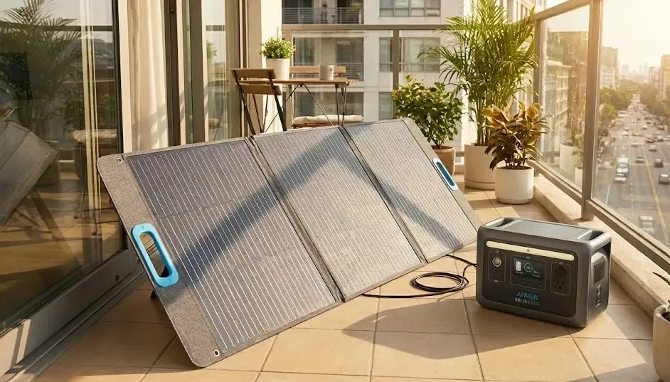Paneles solares portátiles desplegados en un balcón cargando una batería