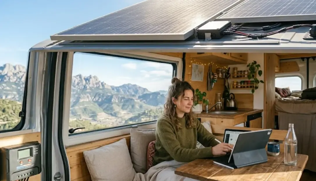 Paneles solares en el techo de una furgoneta camper con un paisaje de montaña de fondo, luz solar directa