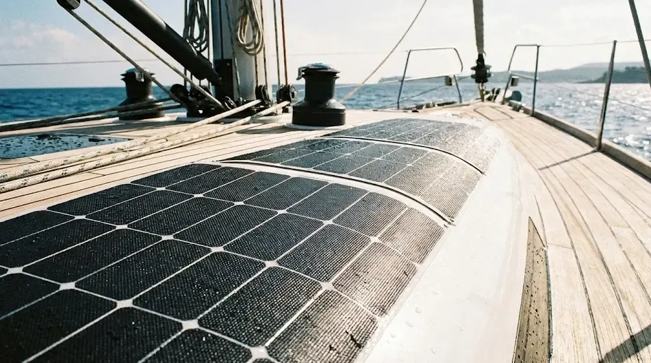 Detalle de paneles solares flexibles antideslizantes pegados en la cubierta de proa de un yate
