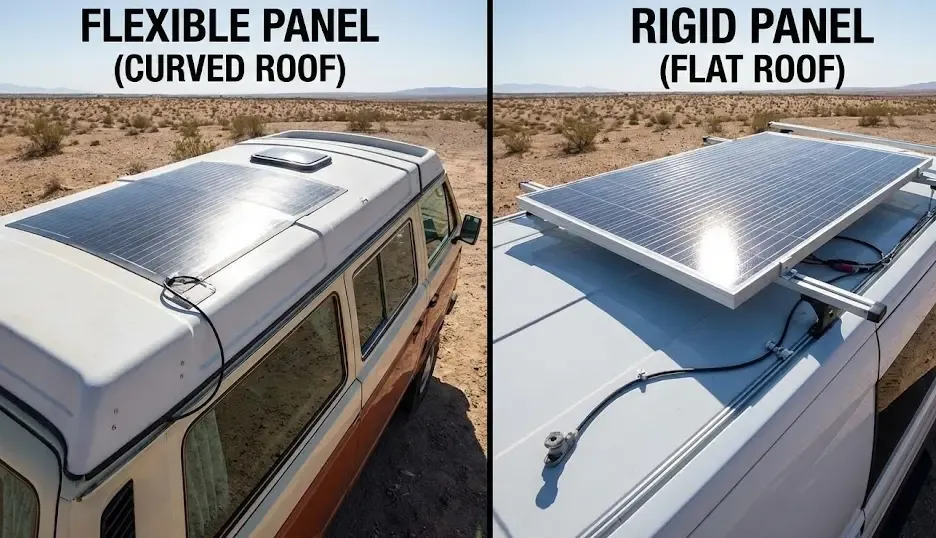 Comparativa visual de panel solar flexible pegado en techo curvo vs panel rígido con soportes en furgoneta camper