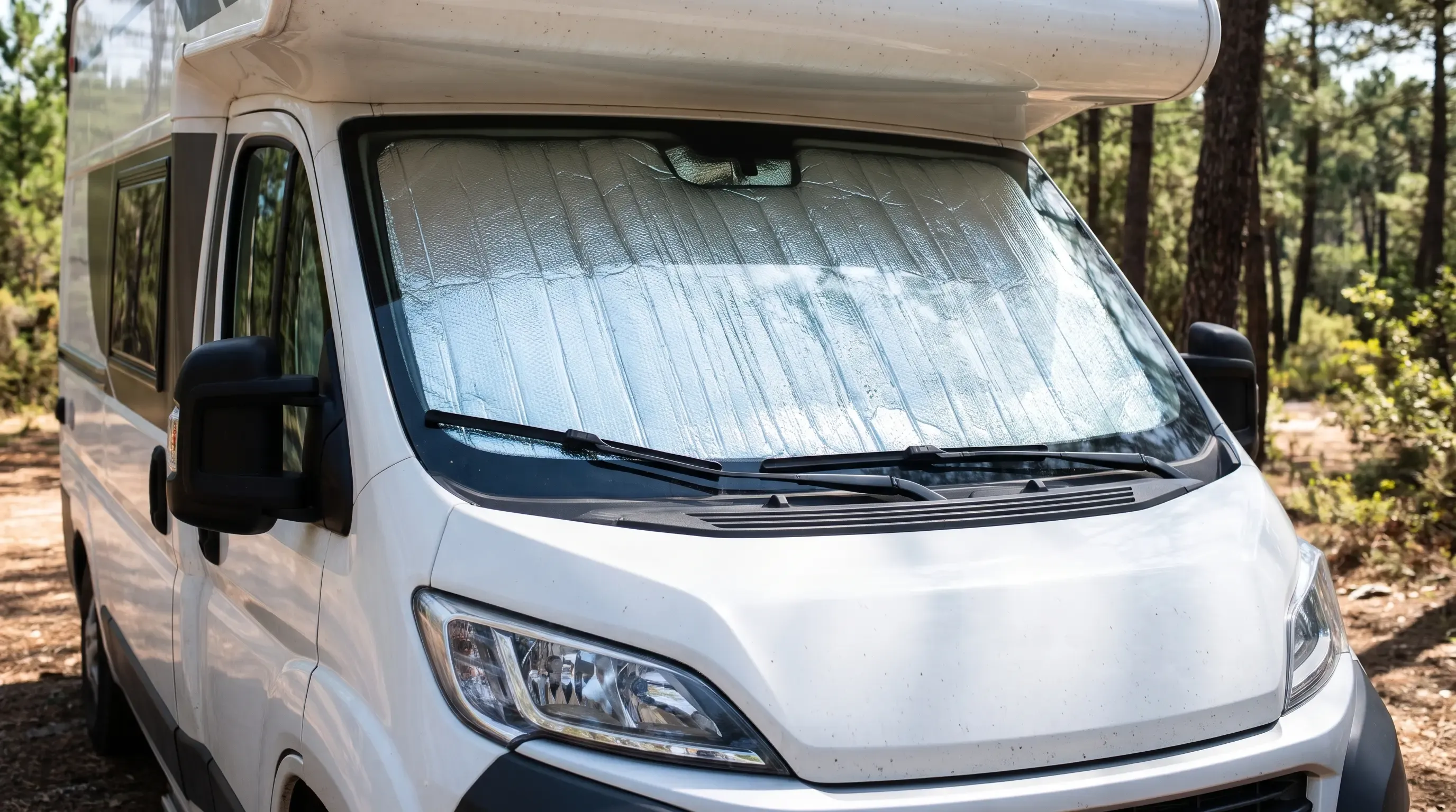 Parabrisas de camper cubierto con oscurecedor térmico reflectante visto desde fuera