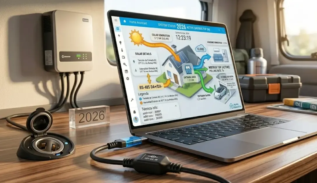 Primer plano de un portátil moderno en la mesa de madera de una camper, conectado mediante un cable USB-C directamente a una toma de 12V, sin usar inversor de corriente.