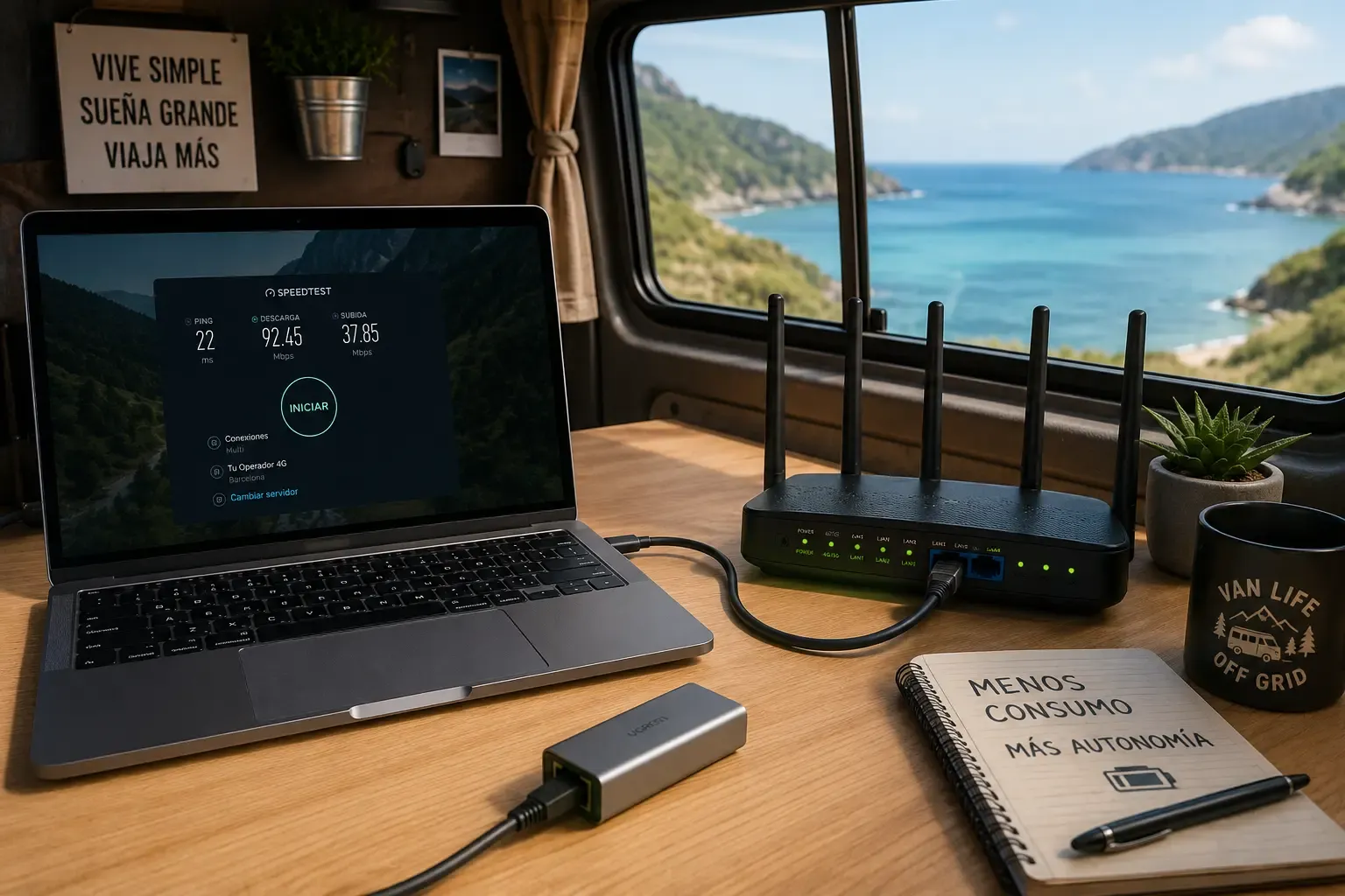 Portátil conectado por cable Ethernet a un router de furgoneta camper