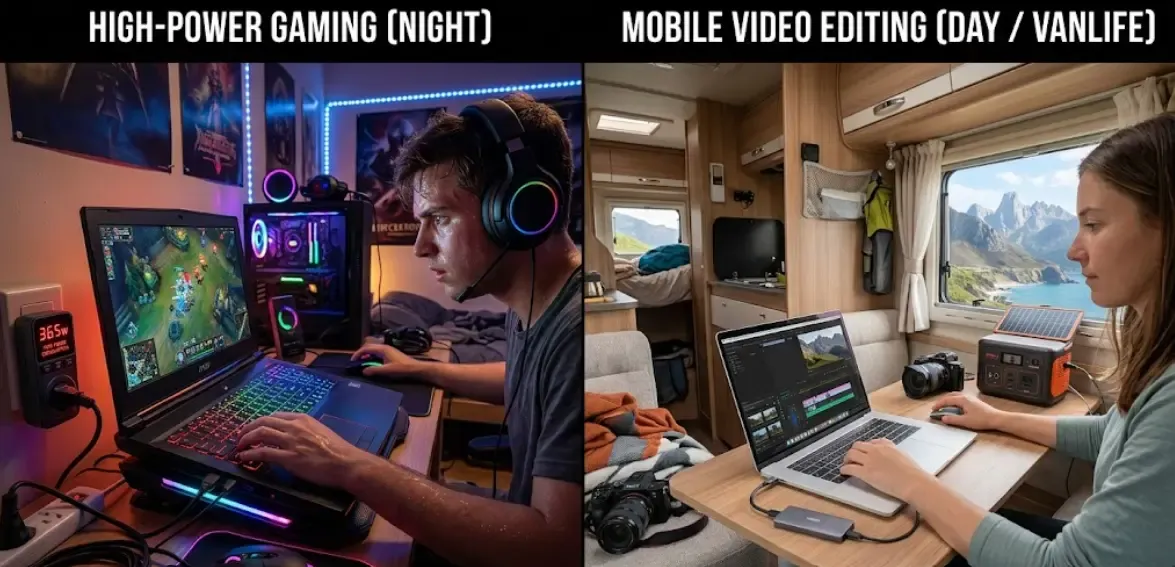 Comparativa de un portátil gaming grueso con luces RGB consumiendo mucha energía frente a un ultraligero fino editando vídeo en una camper.