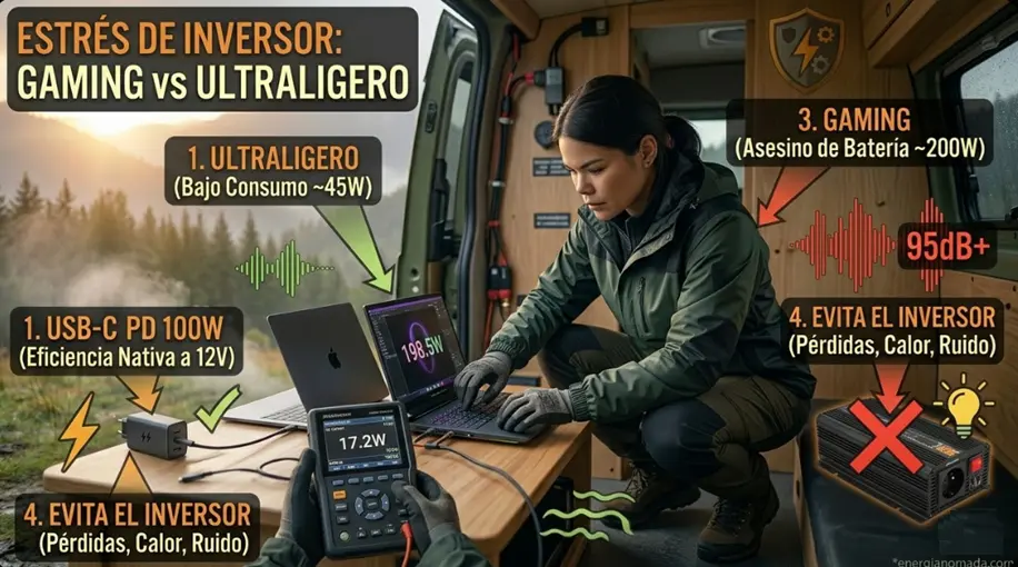 ¿Editar vídeo en la furgo con un portátil Gaming o un Ultraligero? Analizamos el consumo real, el estrés del inversor y la mejor opción para nómadas.