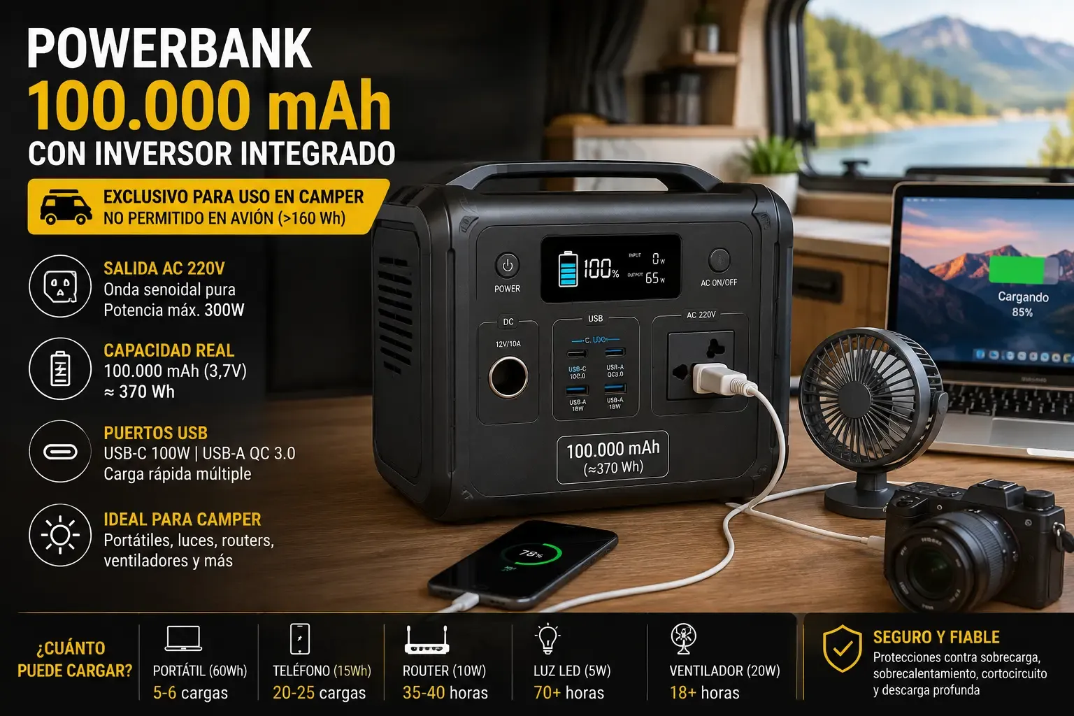 Powerbank de 100.000 mAh con inversor integrado, exclusivo para uso en camper