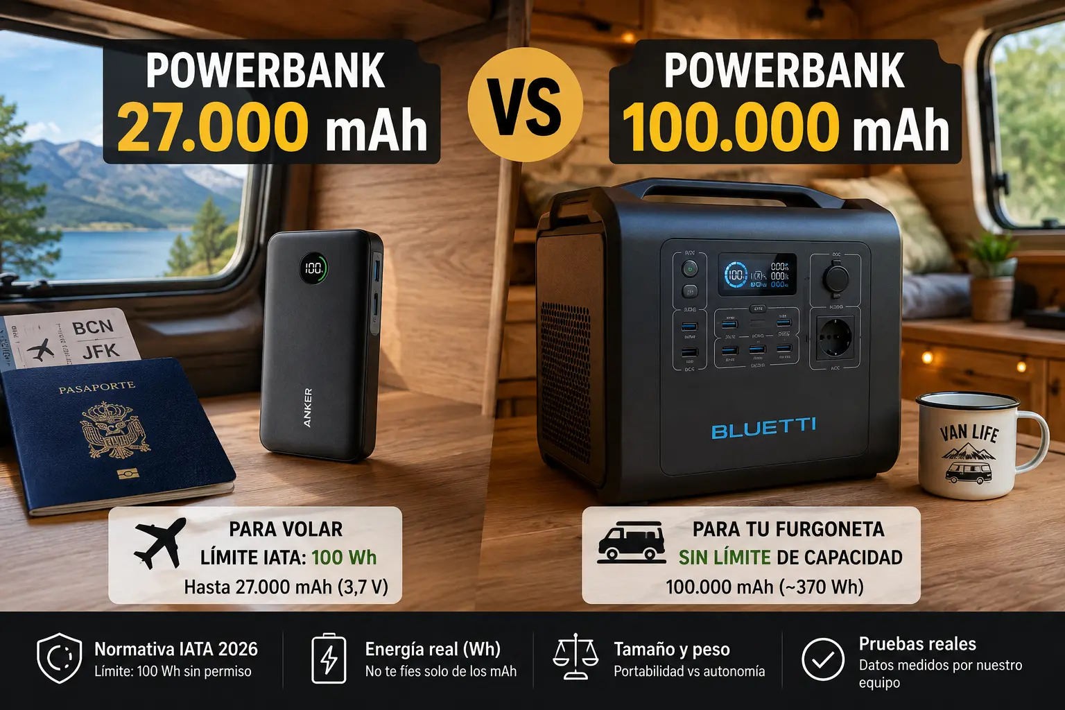 Powerbank 27.000 mAh vs 100.000 mAh: cuál elegir para volar y para tu furgoneta (2026)