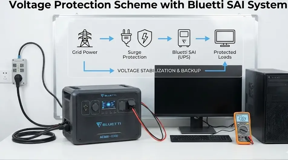Esquema de protección de voltaje con sistema SAI Bluetti