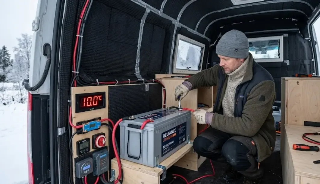 Instalación de batería de litio en una furgoneta camper envuelta en aislamiento térmico Kaiflex con un termostato digital marcando 10 grados en pleno invierno