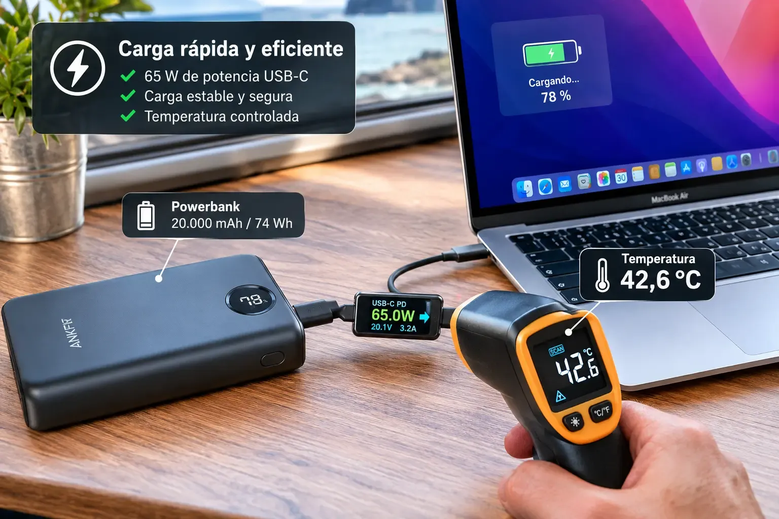 Powerbank conectado a un MacBook Air con tester USB-C mostrando 65 W y termómetro infrarrojo marcando la temperatura superficial.