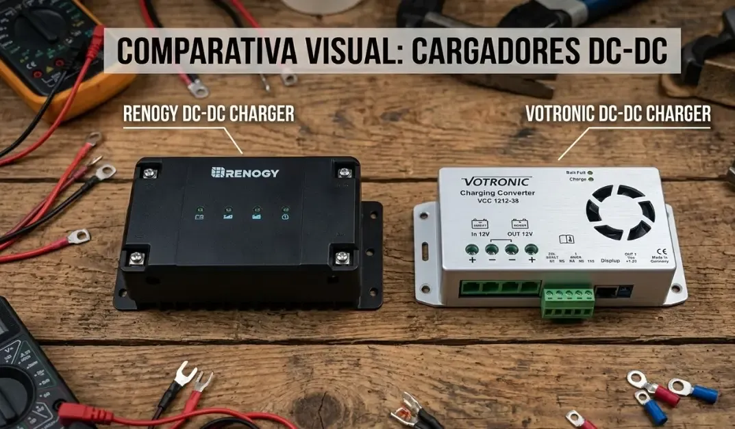 Comparativa visual entre un cargador DC-DC Renogy de color negro a la izquierda y un cargador Votronic VCC plateado a la derecha sobre una mesa de trabajo de madera