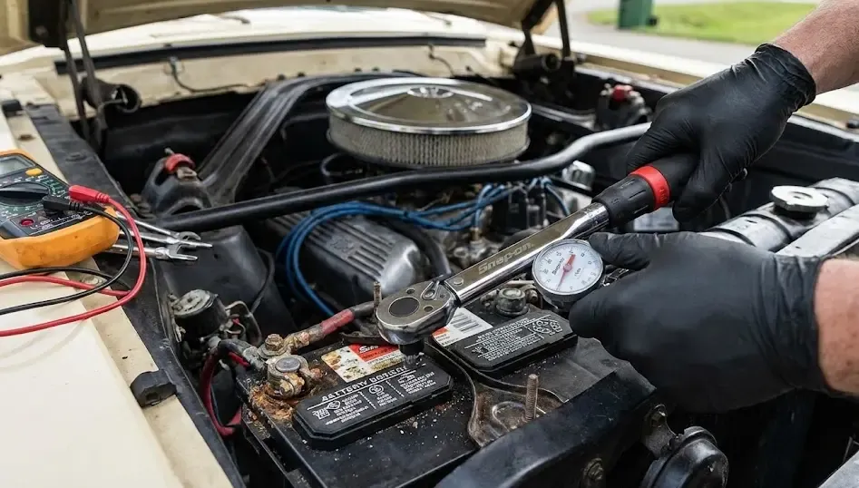 Primer plano de revisión de bornes de batería con llave dinamométrica