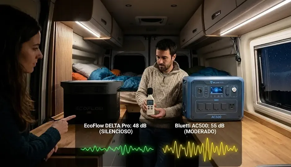Comparativa de decibelios entre estaciones de energía EcoFlow y Bluetti en el interior de una furgoneta camper por la noche