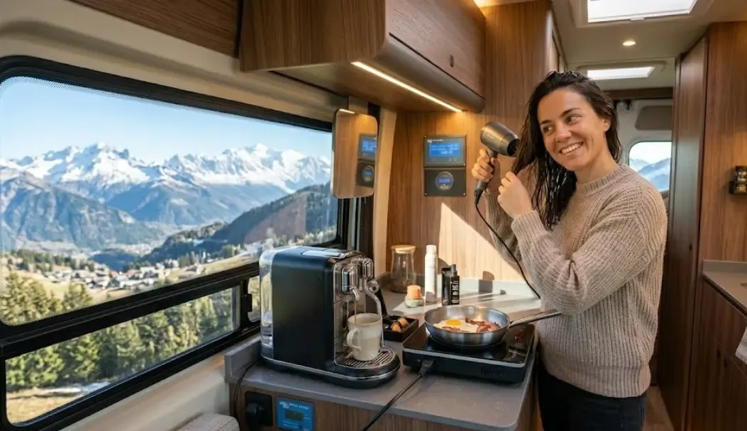 Mujer usando un secador de pelo de bajo consumo dentro de una furgoneta camper moderna con vistas a la montaña