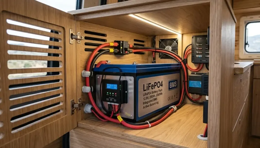 Batería LiFePO4 con BMS en compartimento ventilado de camper