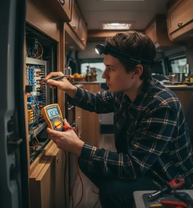 Persona revisando caja de fusibles en furgoneta camper con multímetro