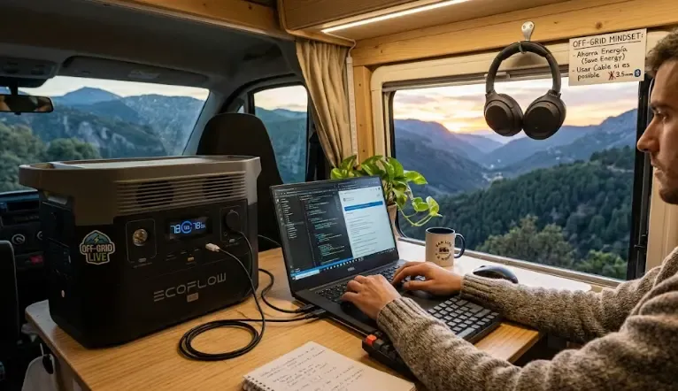 Setup de trabajo en camper con portátil, estación de energía y auriculares colgados: ilustra el contexto off‑grid donde cada decisión de consumo importa.